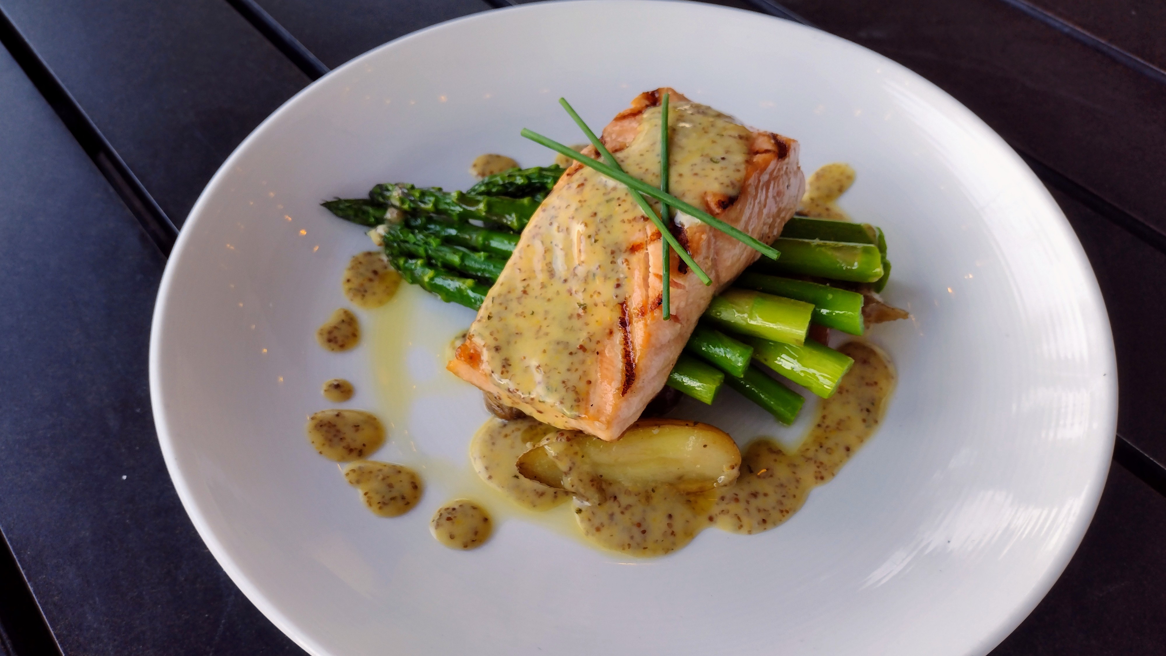 Wholegrain dijon sauce, asparagus, fingerling potatoes