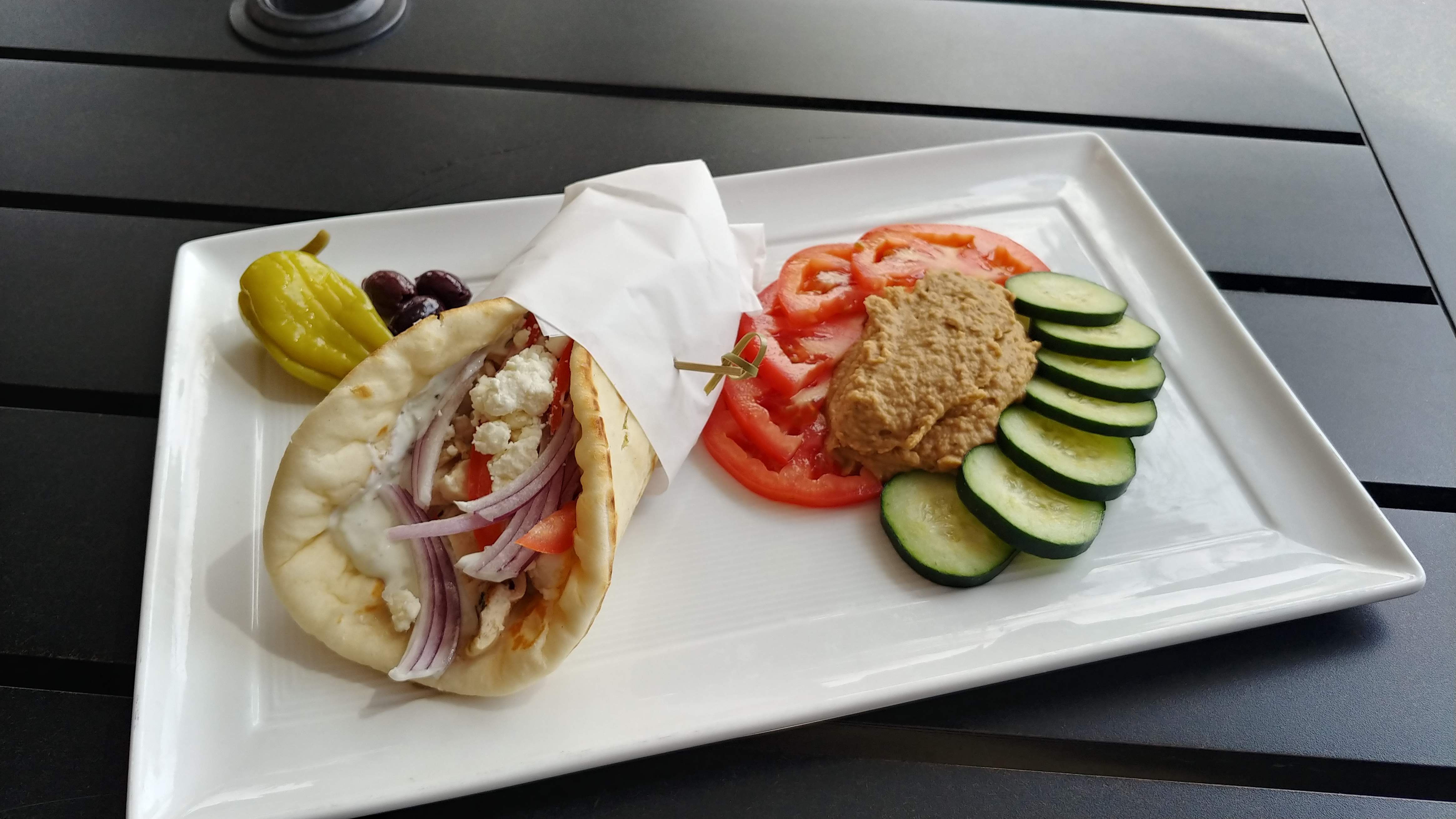 Gyor with hummus, tomatoes, cucumbers